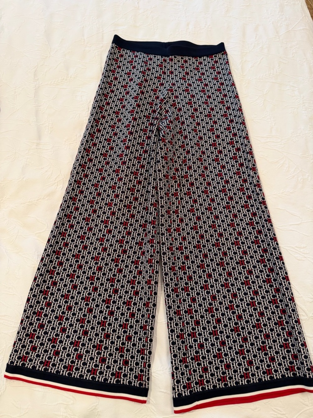 Carolina Herrera Navy, Red & White Logo-Print Wide-Leg Pants
